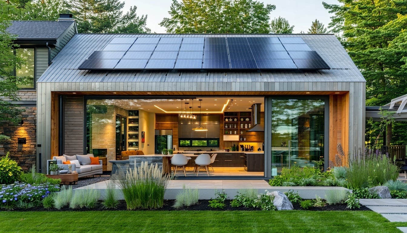 Moderní energeticky úsporný rodinný dům se solárními panely na střeše